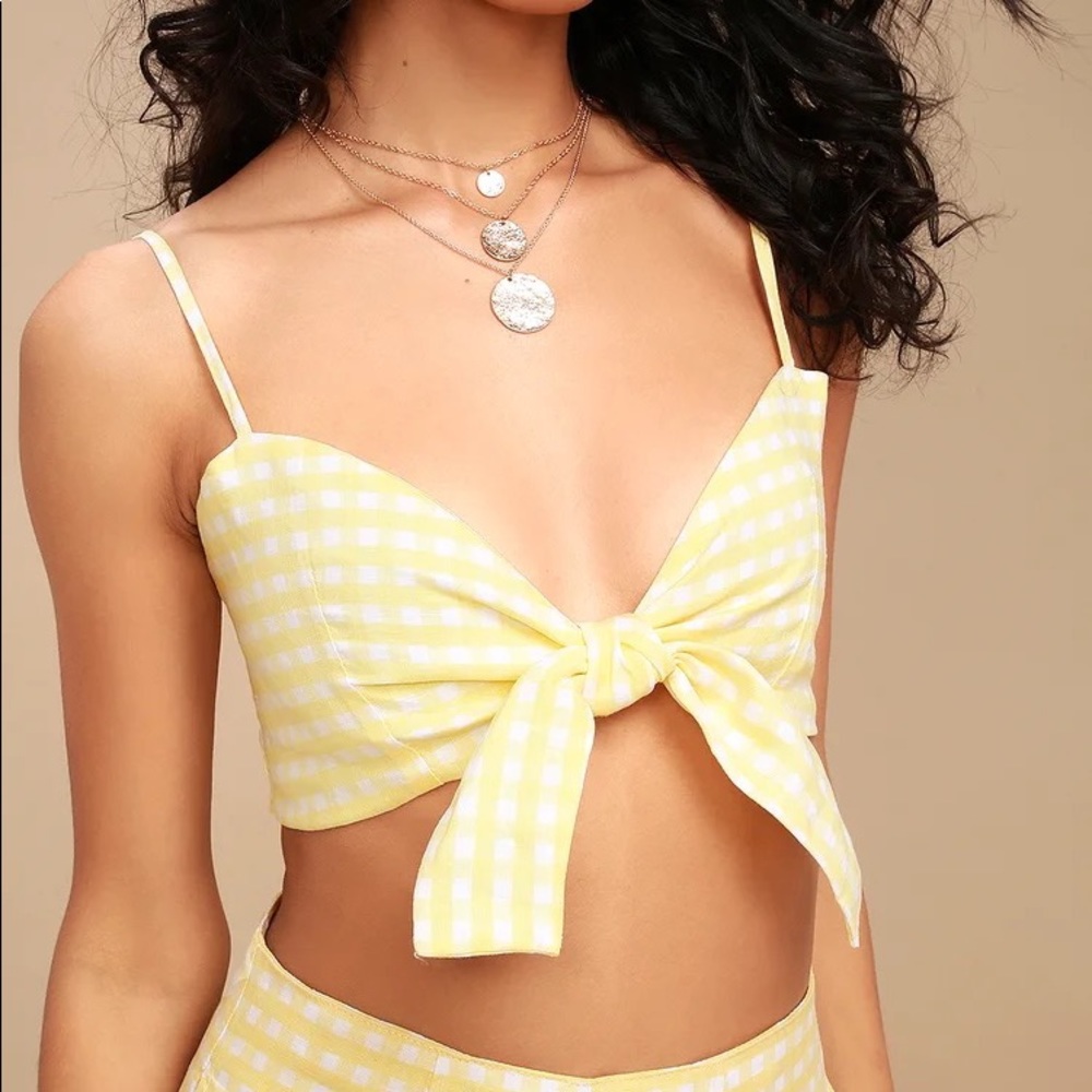 Faithfull the Brand Garnier Yellow Gingham Tie-Front Crop Top